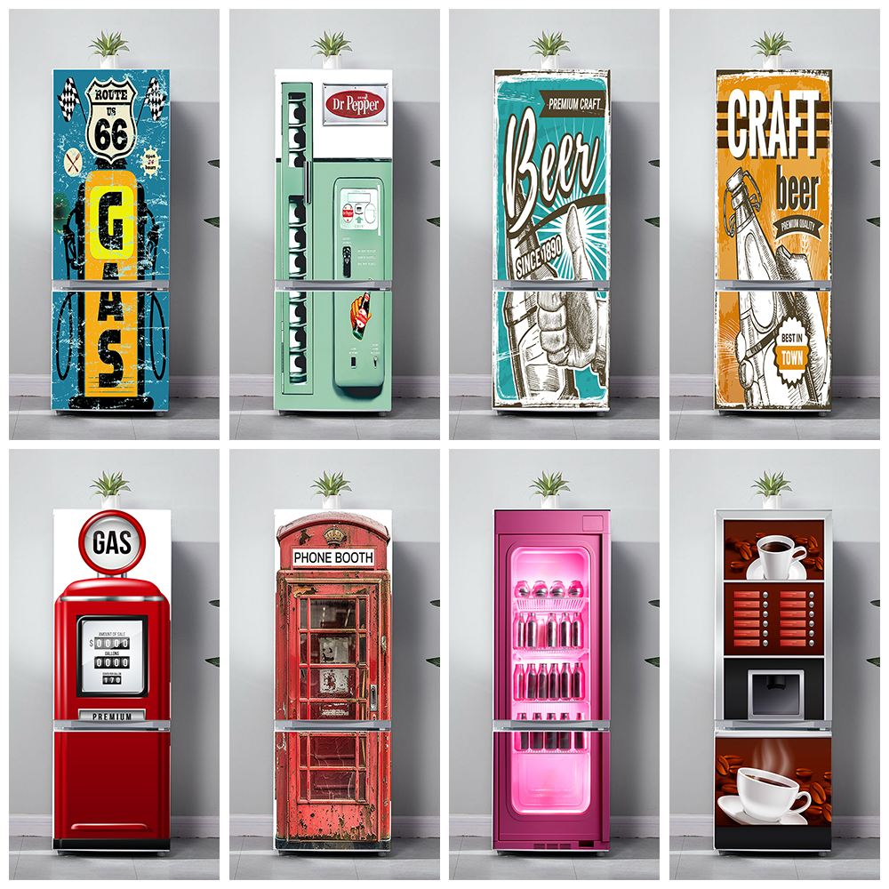 Wine Beer Fridge - Retro Phone Booth Printed Refrigerator Door